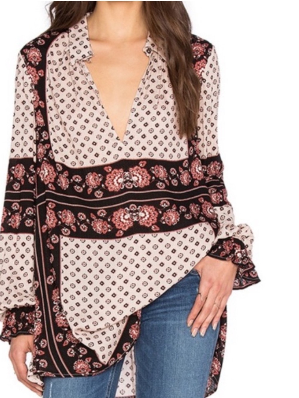 Free People “Changing Times” Boho Mixed Floral Print Ruffle Long Sleeve Tunic• S - Picture 6 of 15